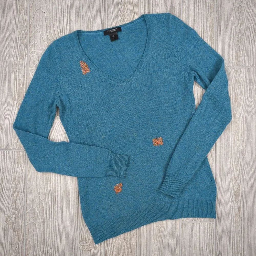 Ann Taylor Cashmere Sweater V-Neck Turquoise Blue Long Sleeve Sz Med